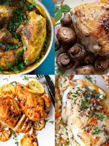A collage of pictures of chicken and vegetables in a pot.