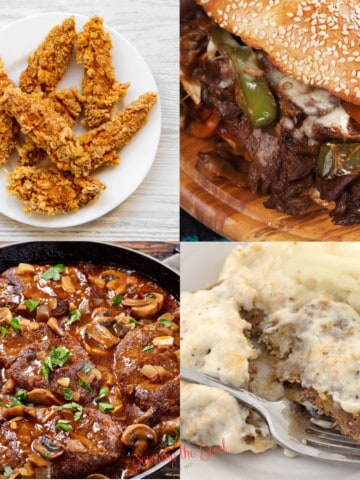 A collage of four dishes: crispy fried chicken strips, a stuffed sandwich with beef and vegetables, a skillet dish featuring cubed steak with mushrooms, and mashed potatoes topped with meat and gravy.