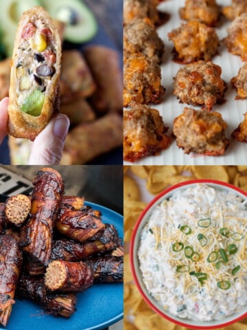 A collage of tailgating recipes featuring different snacks and dips.