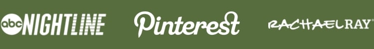 Logos of ABC Nightline, Pinterest, and Rachael Ray on a green background.